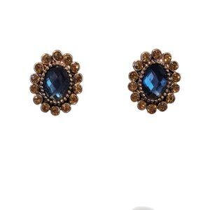 1925 Earrings Art Deco Art Nouveau Blue Rhinestone Crystal Round Post‎ Bronze